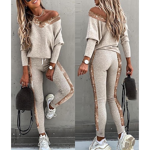 

Women's Sweatshirt Tracksuit Pants Sets Sweatpants Joggers Basic Sports Outdoor Daily Solid Color Sequins Drawstring V Neck S M L XL