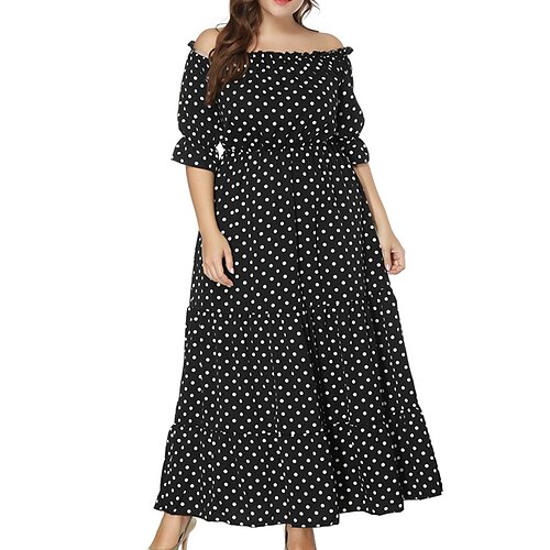 

kvinners pluss størrelse fritidskjole polka prikker off shoulder halvermet vår høst casual maxi lang kjole daglig feriekjole