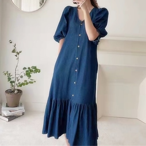 

Damen Casual kleid Jeanskleider Schaukelkleid Midikleid Dunkelblau Leicht Blau Kurzarm Einfarbig Rüschen Frühling Sommer V Ausschnitt Klassisch Täglich Urlaub Lockere Passform 2023 S M L XL