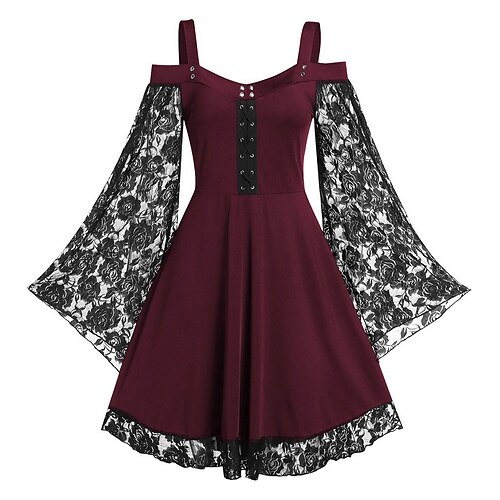 

Mini robe Femme Robe casual manche longue Hiver Automne Printemps - Classique Moderne Dentelle Patchwork Accueil froid Plein Manches Evasées du quotidien Rendez-vous Ample 2023 Rouge bordeaux Noir