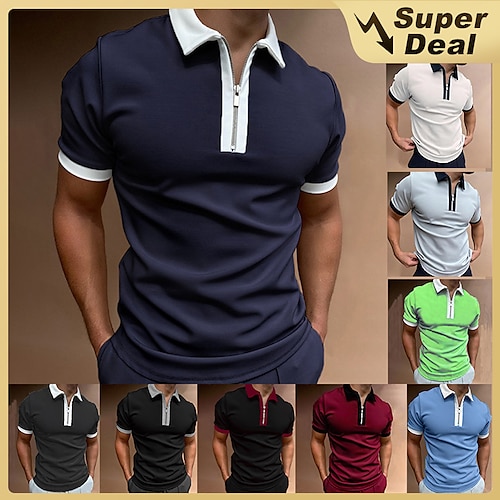 

Men's Collar Polo Shirt Zip Polo Golf Shirt Solid Color Collar Wine Black / Red Green Blue Dark Gray Work Weekend Short Sleeve Patchwork Clothing Apparel Polyester Fashion Business