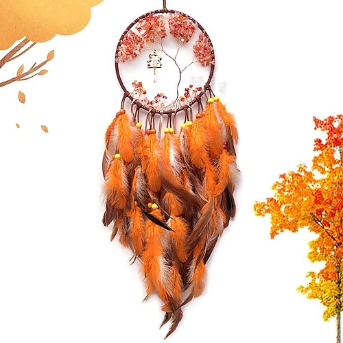 

Leben des Baumes Traumfänger handgefertigtes Geschenk mit orangefarbenem Federhaken Blume Windspiel Ornament Wandbehang Dekor Kunst Boho Stil 16x70cm/6.2''x27.5''