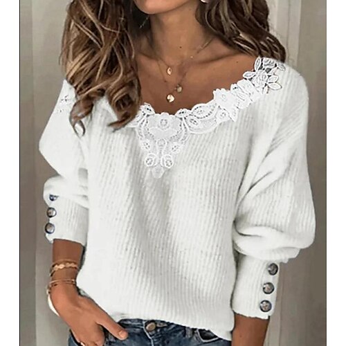 

Women's Shirt Blouse White Plain Lace Patchwork Long Sleeve Casual Basic V Neck Regular S