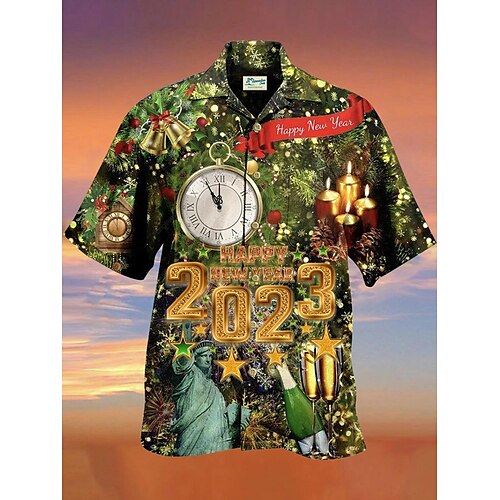 

Men's Holiday 2023 New Year Shirts Statue of Liberty Clock Christmas Bell Wrinkle Free Plus Size Hawaiian Shirts