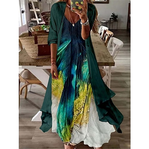 

Women's Casual Dress Dress Set Two Piece Dress Long Dress Maxi Dress Pink Brown Green Long Sleeve Tribal Print Summer Spring V Neck Fashion Loose Fit 2023 S M L XL XXL 3XL