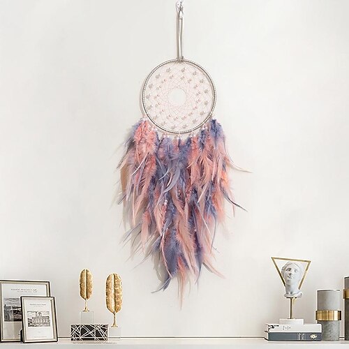 

Pink Purple Dream Catcher Handmade Gift Feather Hook Flower Wind Chime Ornament Wall Hanging Decor Art Boho Style 16x60cm/6.3''x24''