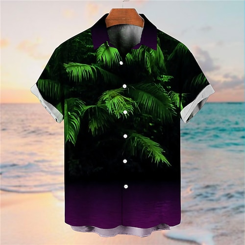 

Men's Shirt Graphic Prints Leaves Turndown Green Gray 3D Print Street Daily Short Sleeves Button-Down Print Clothing Apparel Tropical Fashion Designer Hawaiian