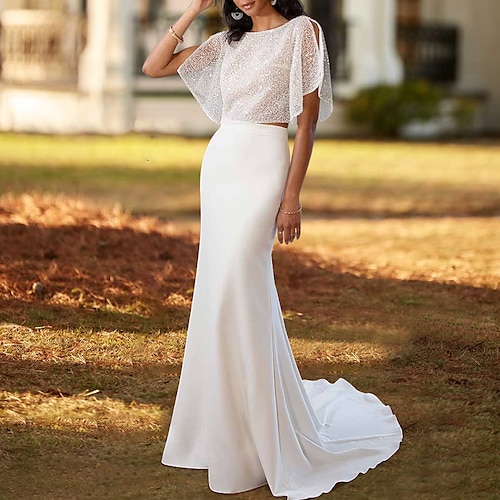 

Fidanzamento Brillante e glitterato Informale Abiti da sposa Strascico di corte A sirena Manica corta Con decorazione gioiello Chiffon Con Tinta unita 2023 Abiti da sposa