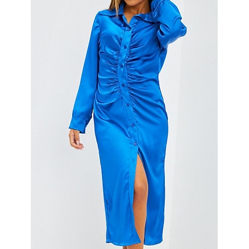 

Women's Casual Dress Shirt Dress Shift Dress Midi Dress Black Blue Brown Long Sleeve Pure Color Ruched Winter Fall Spring Shirt Collar Fashion Vacation Fall Dress 2023 S M L XL 2XL 3XL