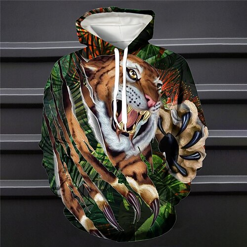 

Men's Pullover Hoodie Sweatshirt Light Green Purple Green Hooded Animal Tiger Graphic Prints Print Daily Sports 3D Print Basic Streetwear Designer Spring Fall Clothing Apparel Hoodies Sweatshirts