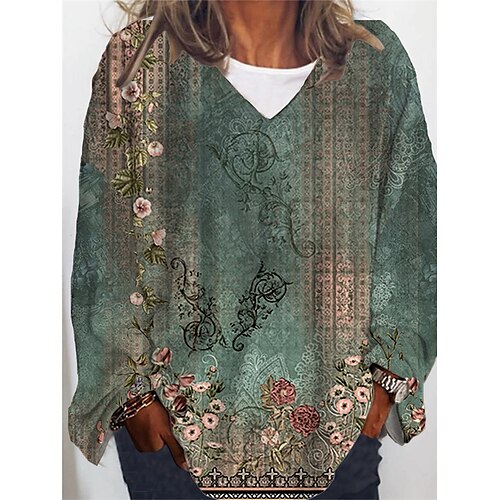 

Women's Plus Size Tops T shirt Tee Floral Print Long Sleeve V Neck Casual Daily Going out Polyester Winter Fall Green