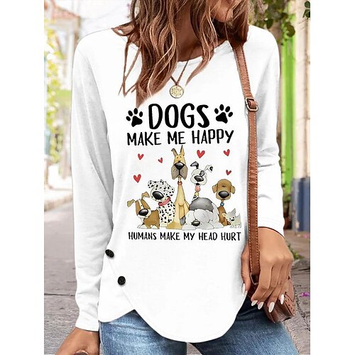 

Dame T-shirt Sort Hvid Blå Hund Tekst Trykt mønster Langærmet Daglig Weekend Basale Rund hals Normal Maleri S