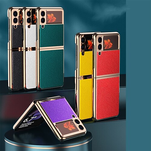 

Phone Case For Samsung Galaxy Flip Z Flip 3 Bumper Frame Flip Full Body Protective Solid Colored PC PU Leather