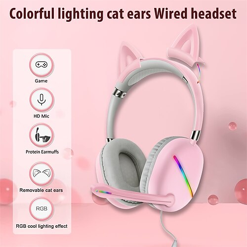 

(For Computer )AKZ-X51 Removable Cat Ear Pink Wired Headset LED Light Effect USB Interface Computer Gaming Headset