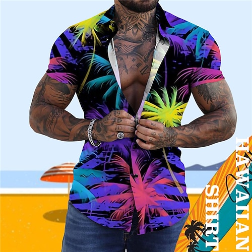 

Men's Shirt Summer Hawaiian Shirt Coconut Tree Graphic Prints Turndown Blue Purple Street Casual Short Sleeves Button-Down Print Clothing Apparel Tropical Fashion Hawaiian Designer