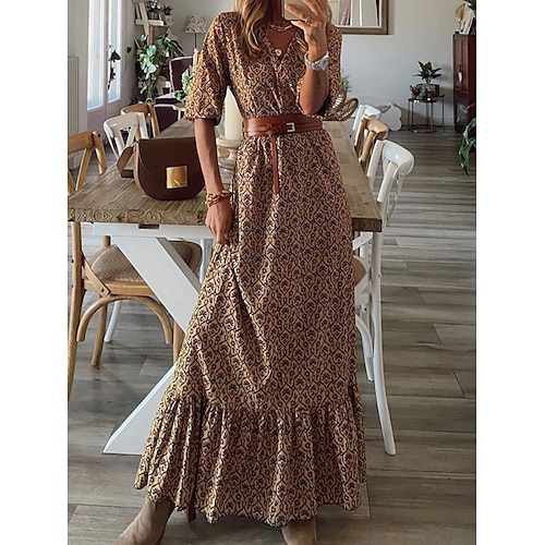 

Women's Casual Dress Floral Dress Long Dress Maxi Dress Khaki Half Sleeve Floral Lace up Winter Fall Spring V Neck Fashion Daily Weekend 2022 S M L XL XXL