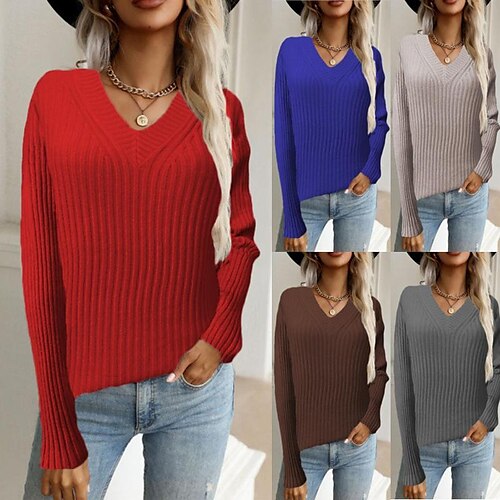 

Women's Shirt Blouse Blue khaki Red Plain Crochet Long Sleeve Casual Basic V Neck Regular S