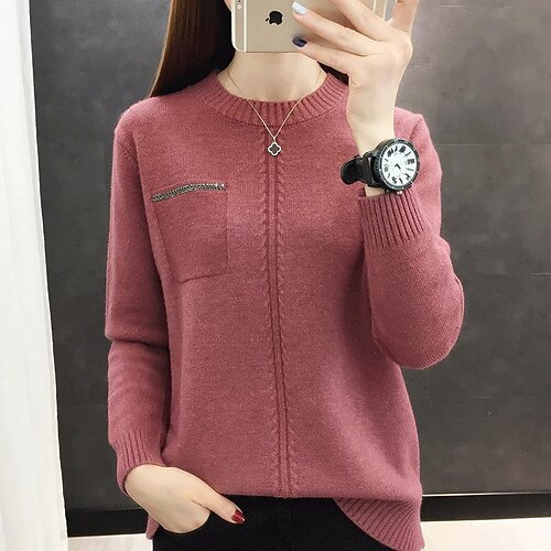 

Mulheres Camisa Social Blusa Cor de lótus Couro Rosa Preto Tecido Bolsos Crochê Manga Longa Casual Básico Decote Redondo Padrão S