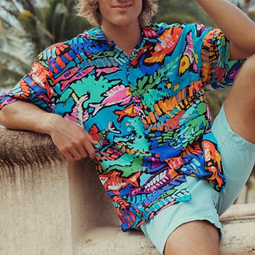 

Men's Shirt Summer Hawaiian Shirt Abstract Graphic Prints Fish Turndown Blue Casual Holiday Short Sleeve Button-Down Print Clothing Apparel Tropical Fashion Hawaiian Soft
