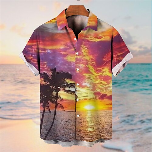 

Men's Shirt Coconut Tree Scenery Graphic Prints Sunset Turndown Yellow Purple 3D Print Street Daily Short Sleeves Button-Down Print Clothing Apparel Tropical Fashion Designer Hawaiian