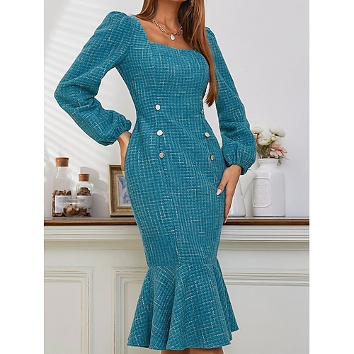 

Mulheres Vestido de trabalho Vestido da bainha Vestido De Tricô Vestido midi Azul menta Azul Verde Menta Manga Longa Cor imaculada Frufru Primavera Outono Inverno Decote Quadrado Moderno Escritório