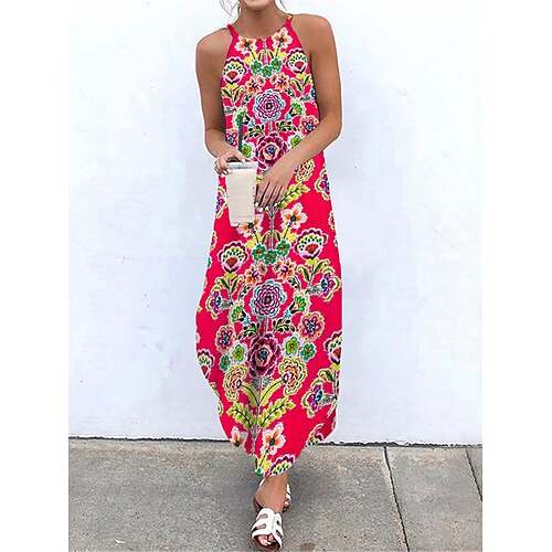 

Women's Casual Dress Shift Dress Slip Dress Long Dress Maxi Dress Wine Red Khaki Sleeveless Floral Print Winter Fall Spring Spaghetti Strap Fashion Daily 2023 S M L XL XXL 3XL