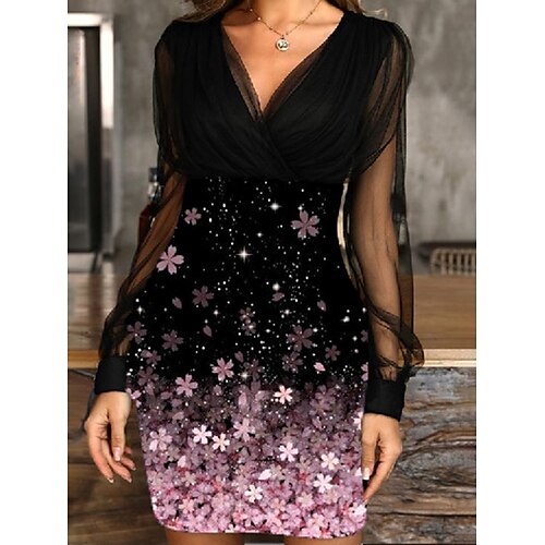 

Women's Party Dress Bodycon Sheath Dress Mini Dress Black Pink Blue Long Sleeve Floral Patchwork Winter Fall Spring V Neck Fashion Party Loose Fit 2023 S M L XL XXL