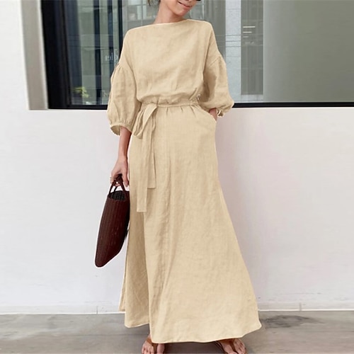 

Women's Casual Dress Shift Dress Long Dress Maxi Dress Army Green Navy Blue Orange 3/4 Length Sleeve Pure Color Lace up Winter Fall Spring Crew Neck Fashion Daily 2023 S M L XL XXL 3XL