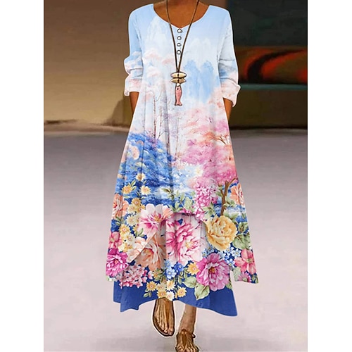 

Women's Casual Dress Boho Dress Long Dress Maxi Dress White Light Green Pink Long Sleeve Flower Pocket Winter Fall Spring V Neck Fashion Daily 2023 S M L XL XXL