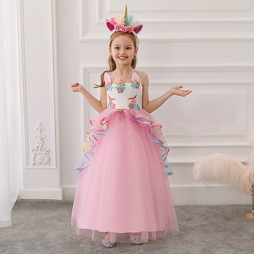 

Fairytale Princess Unicorn Flower Girl Dress Tulle Dresses Tutus Girls' Movie Cosplay Cosplay Halloween Yellow Rosy Pink Blue Dress Halloween Carnival Masquerade Polyester