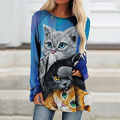 

Robe t-shirt Femme Noir Blanche Bleu Chat Imprimer manche longue Casual du quotidien basique Bohème Col Rond Longue S