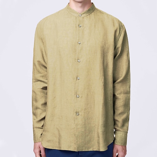 

Men's Linen Shirt Summer Shirt Beach Shirt Light Yellow Light Green Navy Blue Long Sleeve Plain Collar Summer Outdoor Street Clothing Apparel Button-Down