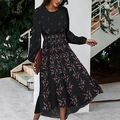 

Women's Casual Dress Swing Dress Midi Dress Light Pink Black Wine Long Sleeve Flower Pocket Winter Fall Spring Crew Neck Basic Daily Vacation Weekend 2023 S M L XL 2XL 3XL