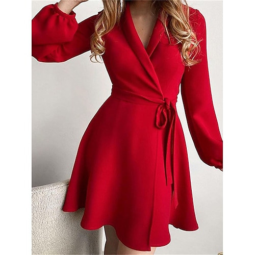 

Mujer vestido de trabajo Mini vestido Rojo Azul claro Manga Larga Flor Estampado Invierno Otoño Primavera Cuello Camisero Moda Oficina 2023 S M L XL XXL