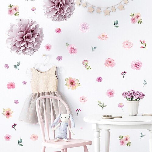 

60pcs flower wall sticker watercolor girl bedroom living room wedding party flower decoration self-adhesive wallpaper