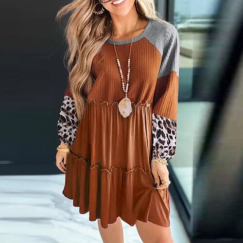 

Women's Casual Dress Tiered Dress Knit Dress Mini Dress Brown Long Sleeve Leopard Ruched Winter Fall Spring Crew Neck Classic Daily Weekend Loose Fit 2023 S M L XL