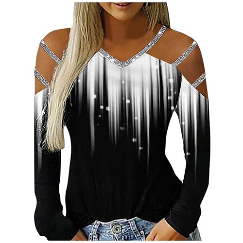 

Mujer Camisa Saliendo de la parte superior Blusa Copas de concierto Negro Blanco Verde Trébol Floral Gradiente de Color Cortado Estampado Manga Larga Casual Festivos Básico Escote en Pico Regular S