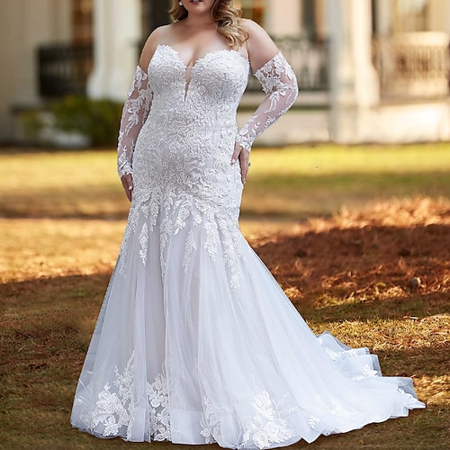 

Forlovelse Plus Size Curve Sexet Brudekjoler Hofslæb Havfrue Uden ærmer Stropløs Satin Med Perlearbejde Applikeret broderi 2023 Brudekjoler