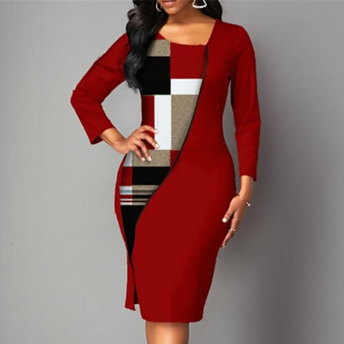 

Women's Work Dress Sheath Dress Midi Dress Black Red Dark Green Long Sleeve Plaid Button Winter Fall Spring Crew Neck Elegant 2023 S M L XL 2XL 3XL 4XL