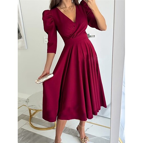 

Robe mi-longue Femme Robe de travail manche longue Eté Printemps - Mode Moderne Robe chic Plissé Couleur monochrome Col V 2023 Noir Vin Rouge Vert S M L XL 2XL