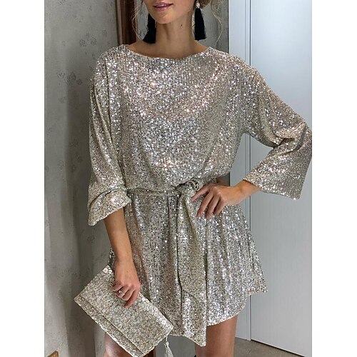 

Mini robe Femme robe paillette manche longue Hiver Printemps Automne - Classique Robe chic Paillettes Avec ceinture Plein Fin de semaine Ceinture Incluse 2022 Noir Blanche Argent Rouge Abricot S M L