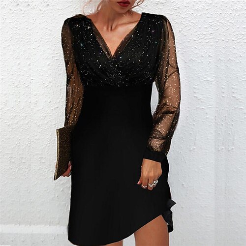 

Women's Party Dress Sheath Dress Black Dress Mini Dress Black Wine Blue Long Sleeve Pure Color Mesh Winter Fall Spring V Neck Fashion 2022 S M L XL XXL
