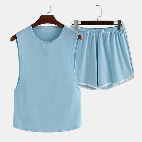 

Herre Loungewear Pyjamas Sæt Pyjamas top og shorts 1set Vanlig Stilfuld Afslappet Komfort Hjem Daglig Seng Polyester Komfort Blød Rund hals Uden ærmer T-shirt Shorts Forår Sommer Sort Hvid
