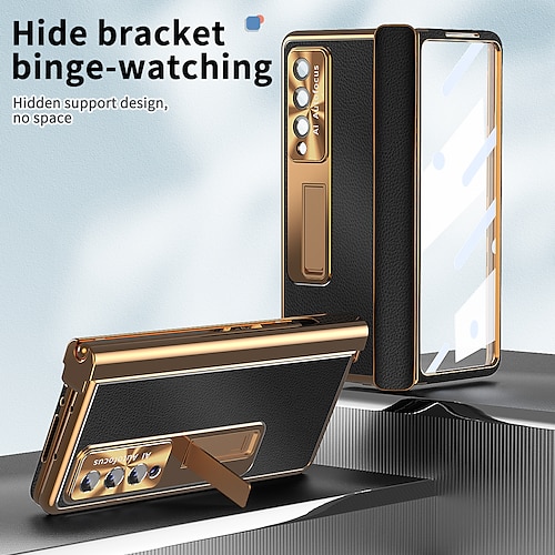 

Phone Case Plating Leather Case For Samsung Galaxy Z Fold 5 Z Fold 4 Z Fold 3 5G Magnetic Kickstand with Pencil Holder(without Pen) Carbon Fibe Screen Protector Phone C Bumper Frame PC PU Leather