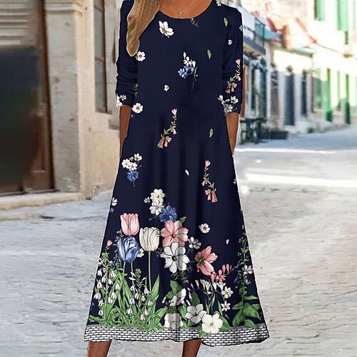 

Women's Casual Dress Midi Dress Light Green Dark Green Navy Blue Long Sleeve Graphic Print Winter Fall Spring Crew Neck Fashion Daily Weekend 2022 S M L XL XXL 3XL