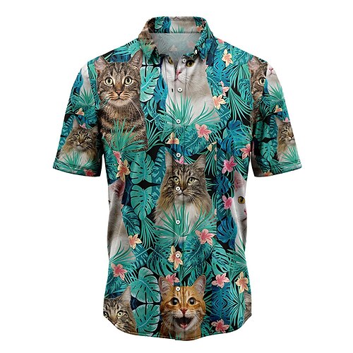 

Men's Shirt Summer Hawaiian Shirt Floral Cat Tropical Graphic Prints Turndown Blue Street Casual Short Sleeves Button-Down Print Clothing Apparel Tropical Fashion Hawaiian Designer