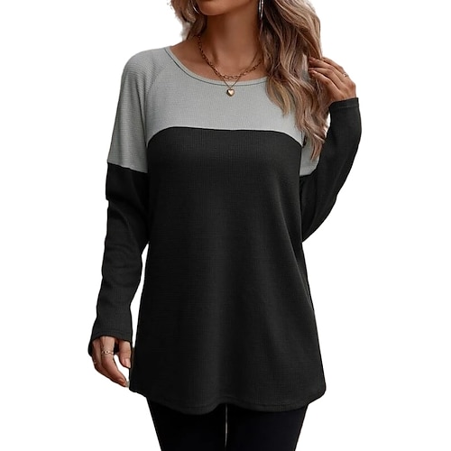 

Women's T shirt Tee claret ArmyGreen Black Color Block Print Long Sleeve Daily Weekend Basic Round Neck Regular Painting S
