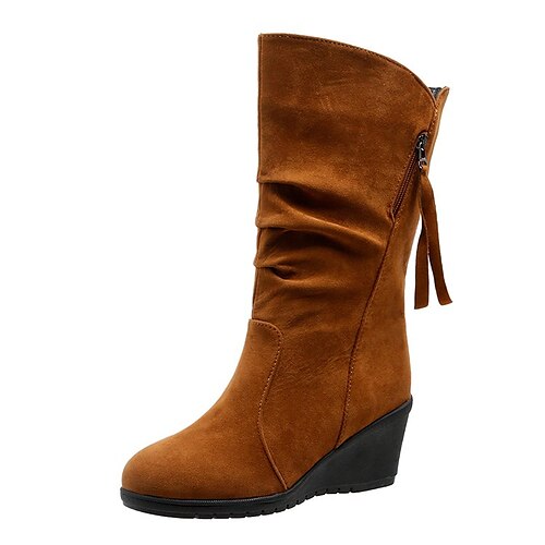 

Women's Boots Suede Shoes Daily Mid Calf Boots Winter Wedge Heel Round Toe Casual Minimalism PU Leather Loafer Solid Colored Dark Brown Black Khaki