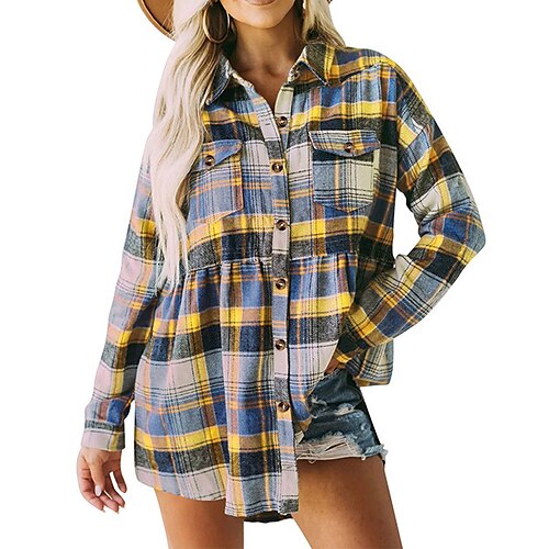 

Women's Shacket Yellow Pink Blue Plaid Print Long Sleeve Casual Casual Shirt Collar Regular S