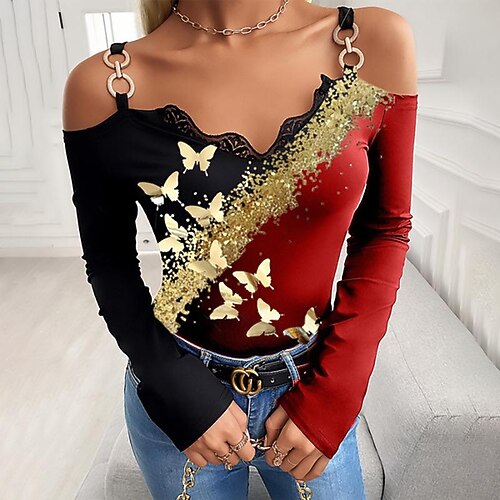 

Women's Shirt Blouse Red Butterfly Lace Trims Print Long Sleeve Casual Holiday Basic V Neck Regular Butterfly S